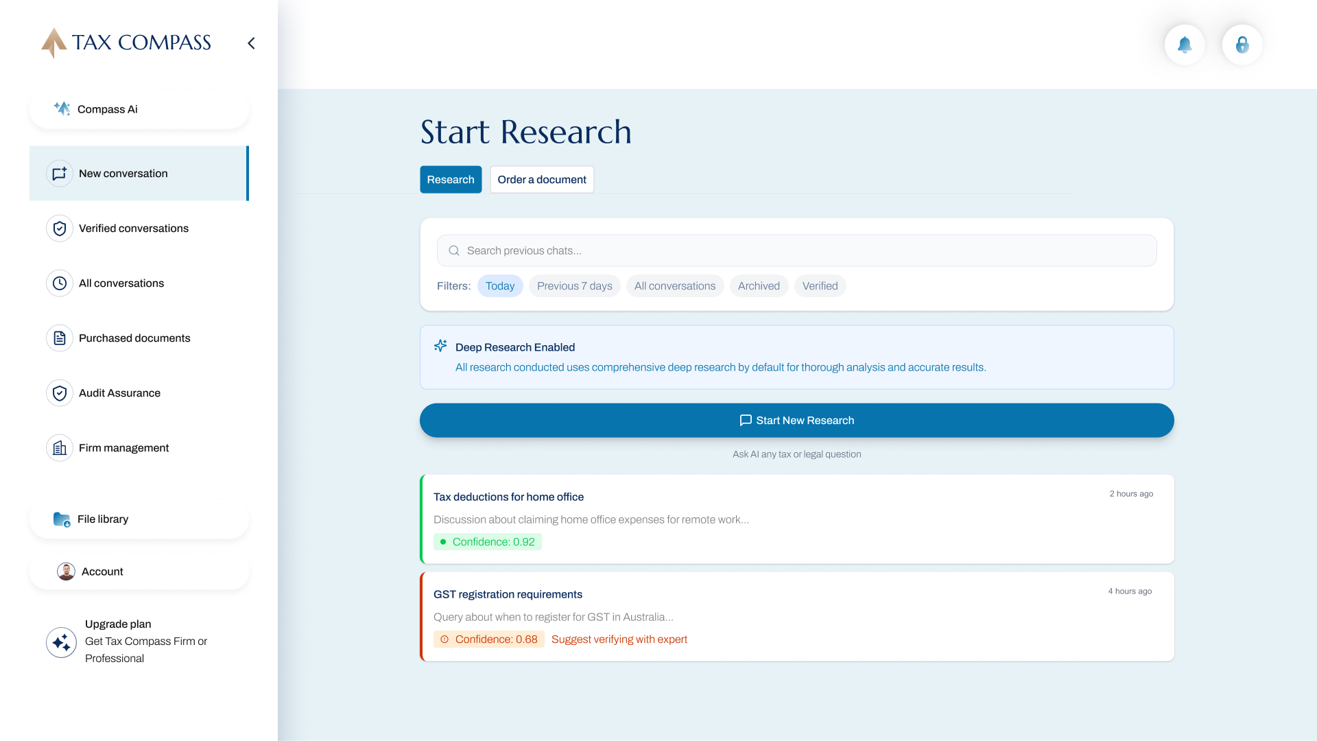 Tax Compass platform — Start research