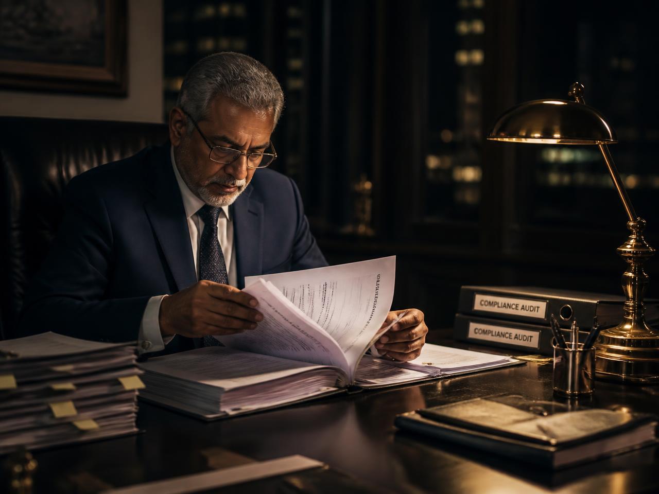 Accountant reviewing a compliance audit file late at night in a dark boardroom