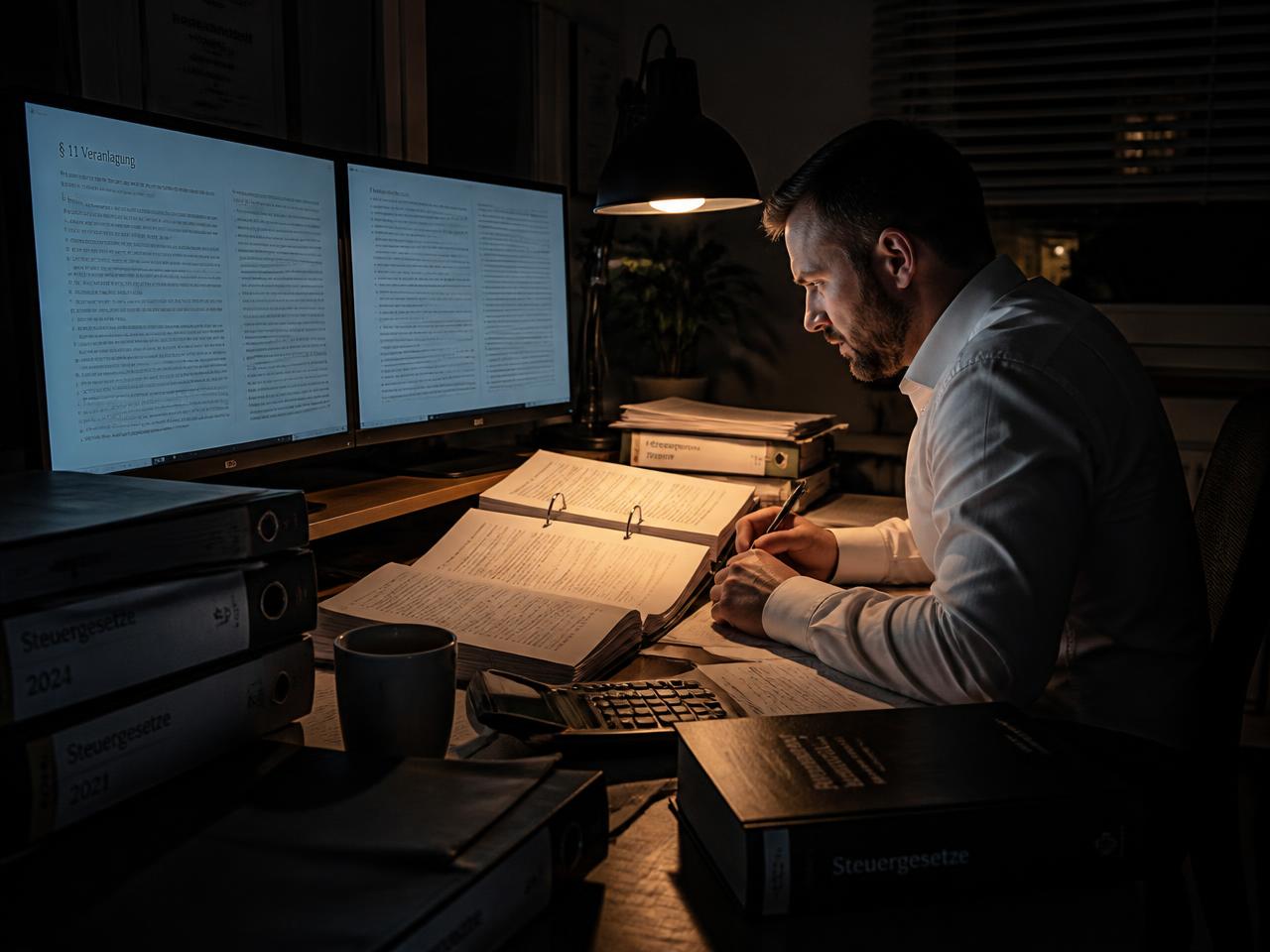Accountant at a dark desk at night surrounded by printed tax legislation, binders and document-filled monitors