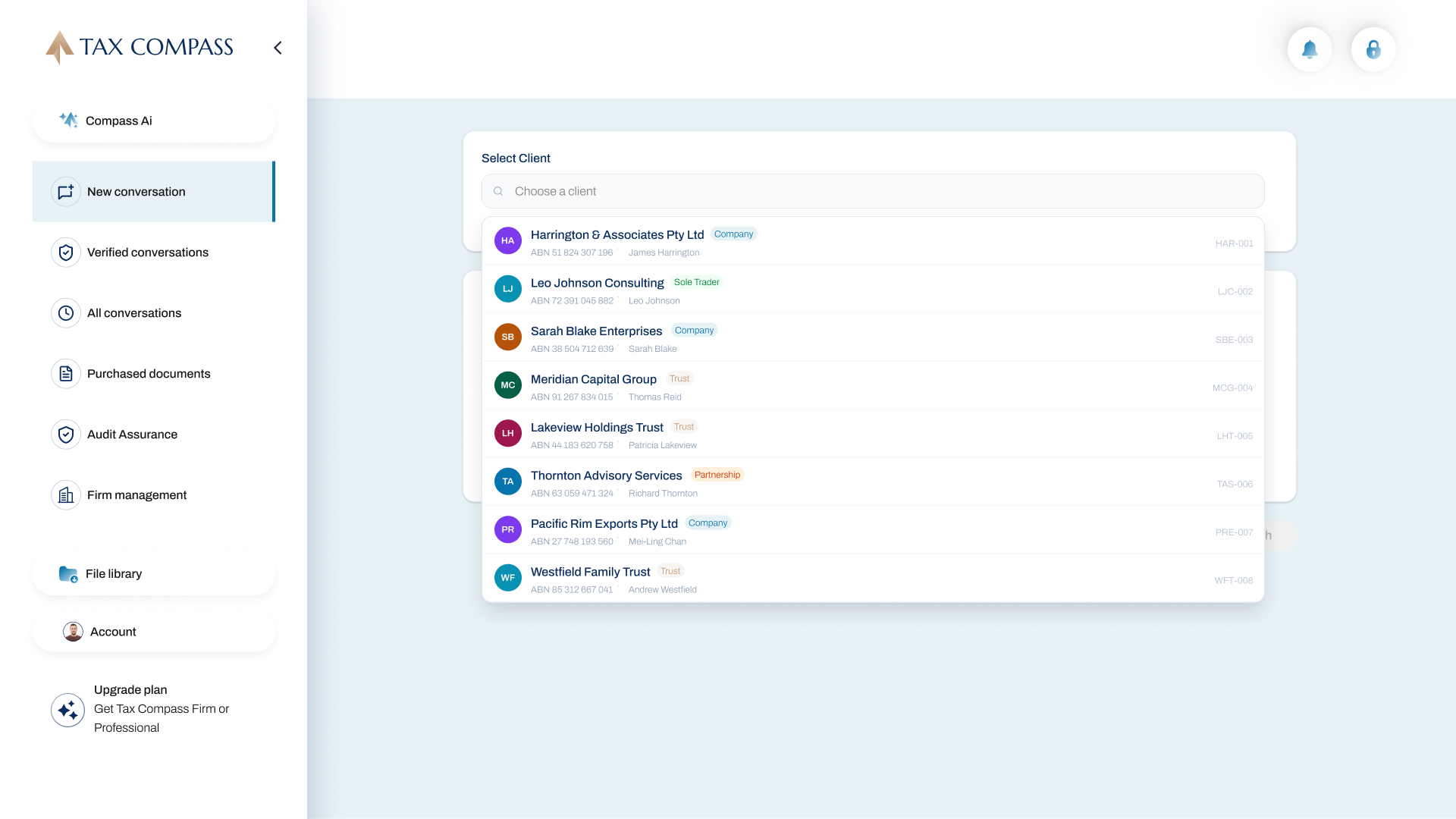 Tax Compass platform — Client register